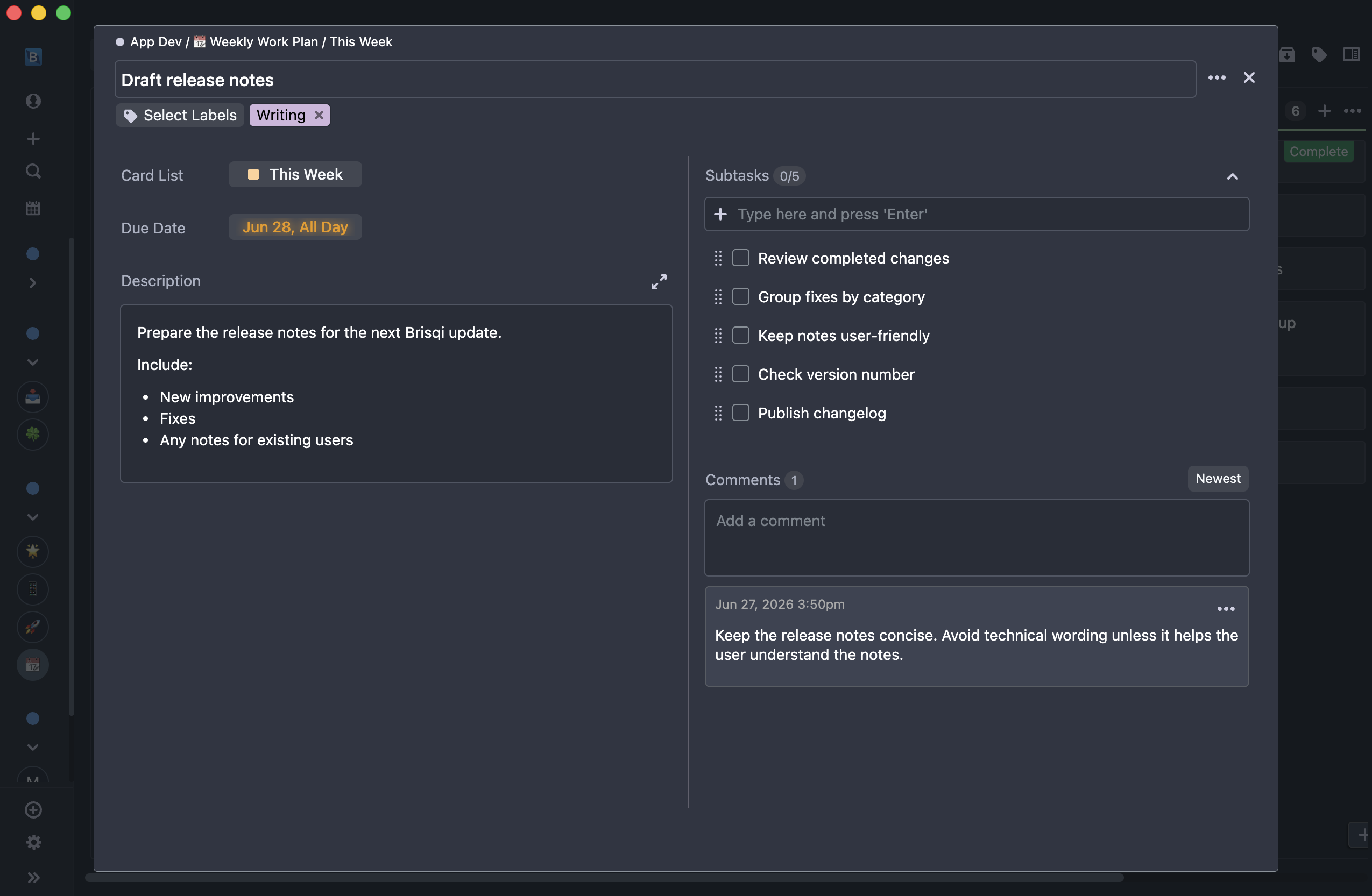 Brisqi card detail view showing notes, subtasks, labels, due date, and comments