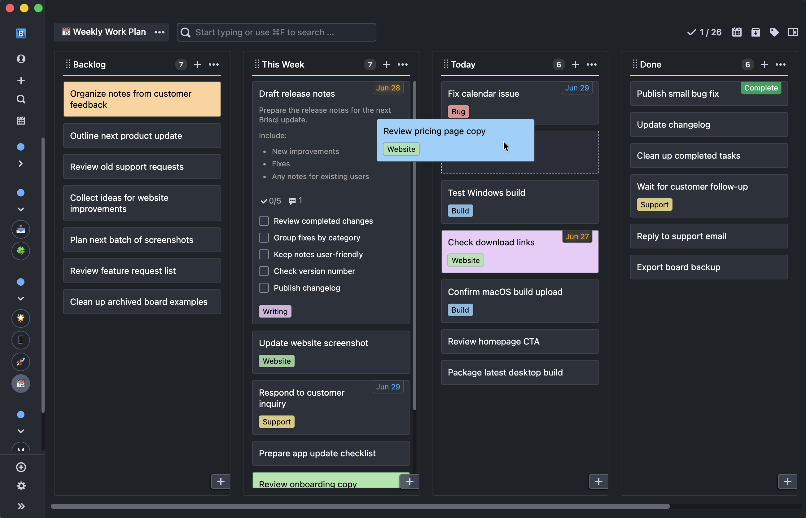 Brisqi board workflow with lists and cards for personal task planning