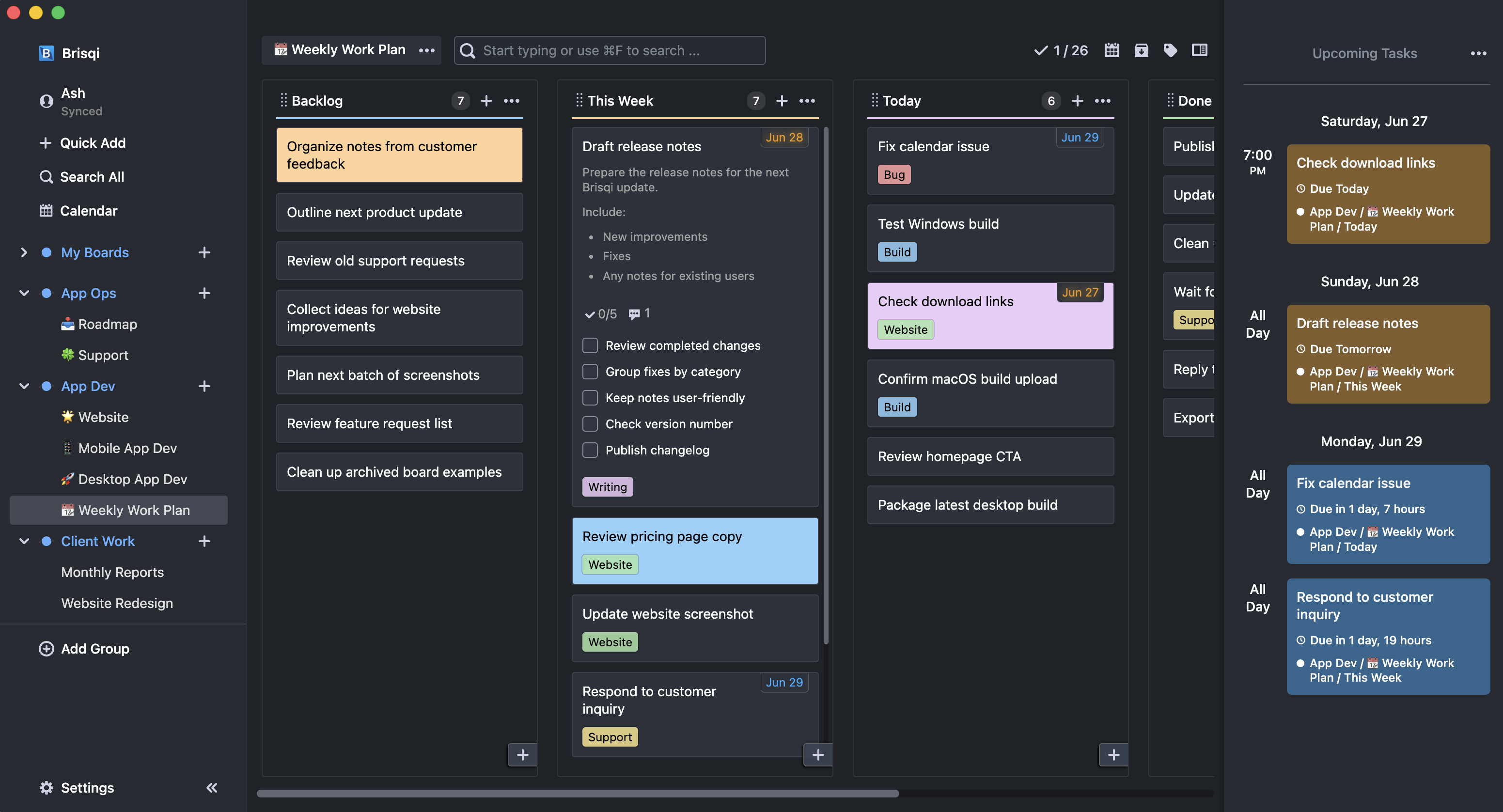 Brisqi offline Kanban board showing personal work organized across lists